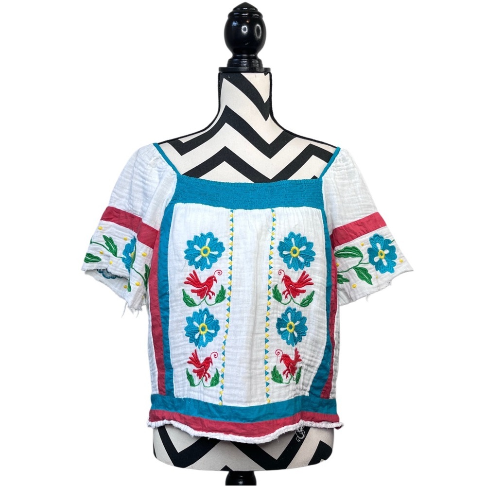 Anthropologie White Cotton Embroidered Peasant Top with Teal and Red Accents